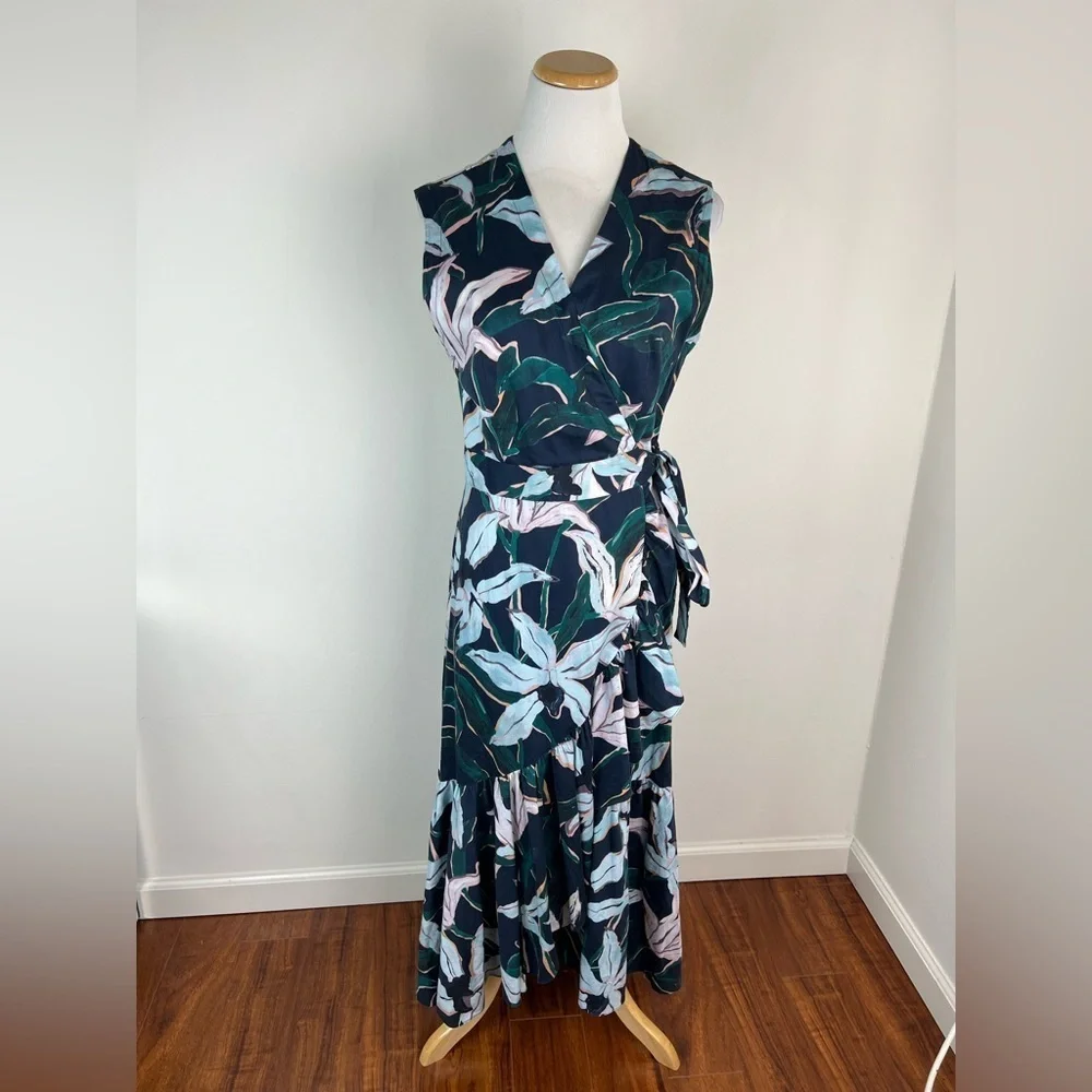 Tory Burch Blue Floral Print Wrap Midi Dress Size S